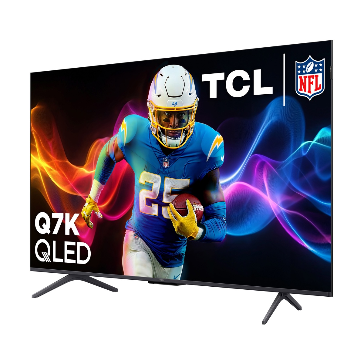 Angled view of the TCL Q7K QLED TV on its stand showing a sports image on screen