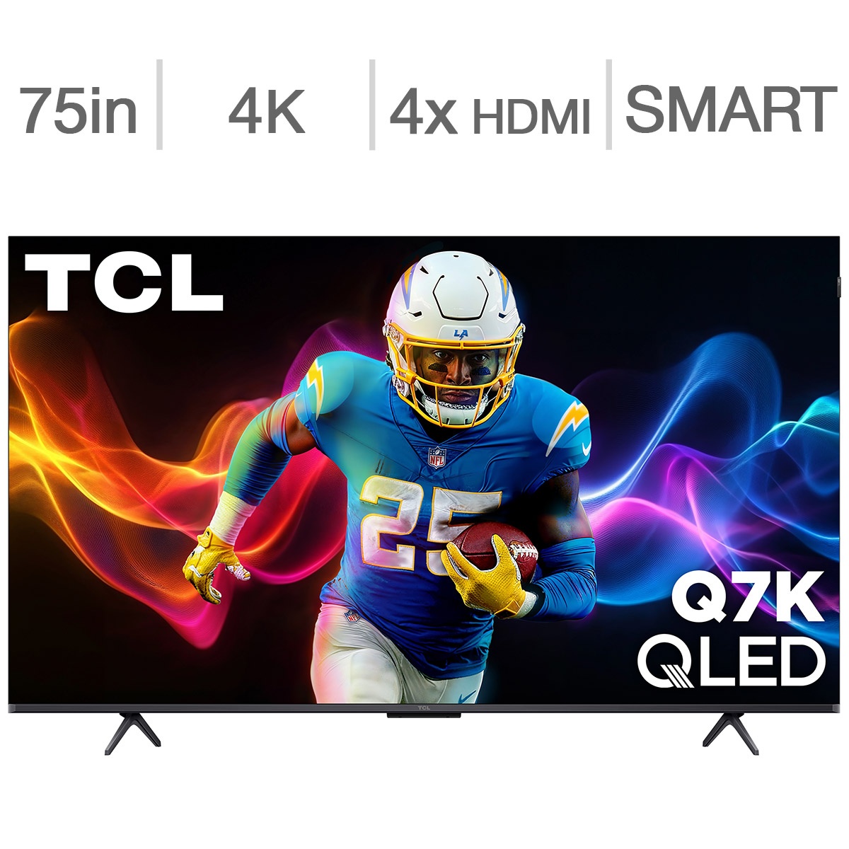 Front view of the TCL Q7K QLED TV with on-screen text showing 75 in, 4K, 4x HDMI, and Smart