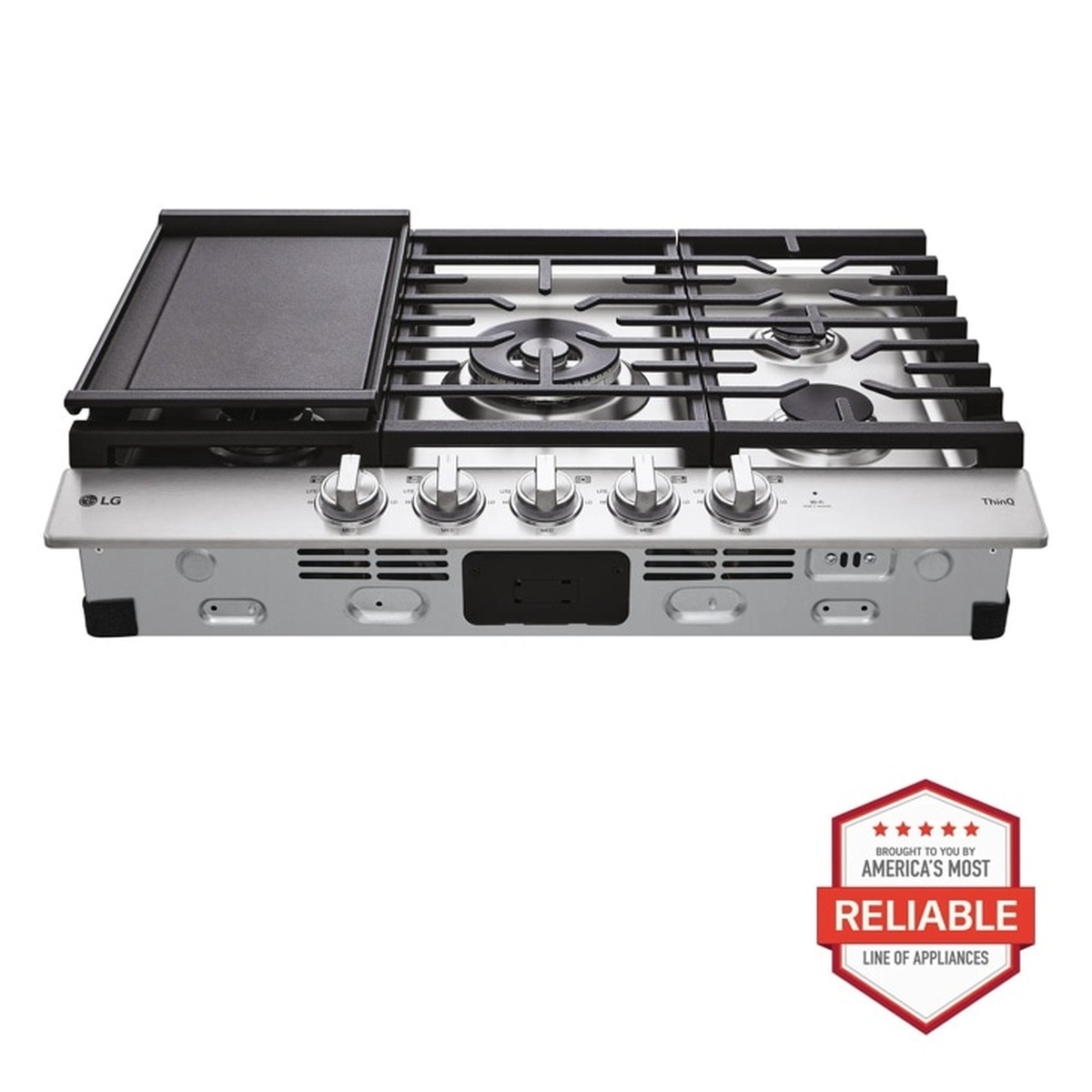 Angled front view of the LG CBGJ3027S 30-inch gas cooktop showing the removable griddle plate on the left, five continuous cast iron grates, five front-center control knobs, and ThinQ branding on the right side.