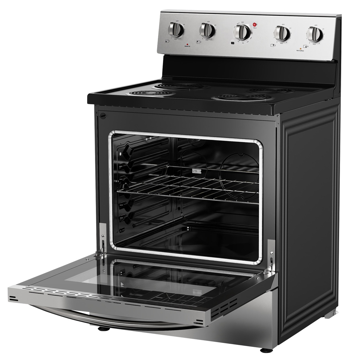 Angled view of the Elements EECR34MES-CA electric range with oven door open, showing interior rack, six rack position guides, and full-width storage drawer below