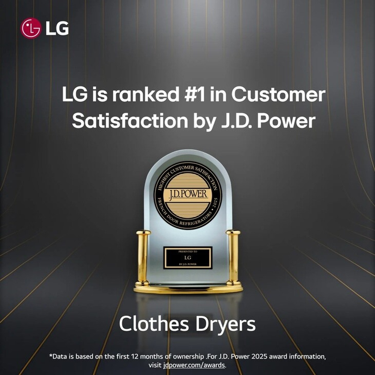 J.D. Power 2025 award trophy presented to LG for highest customer satisfaction in clothes dryers.