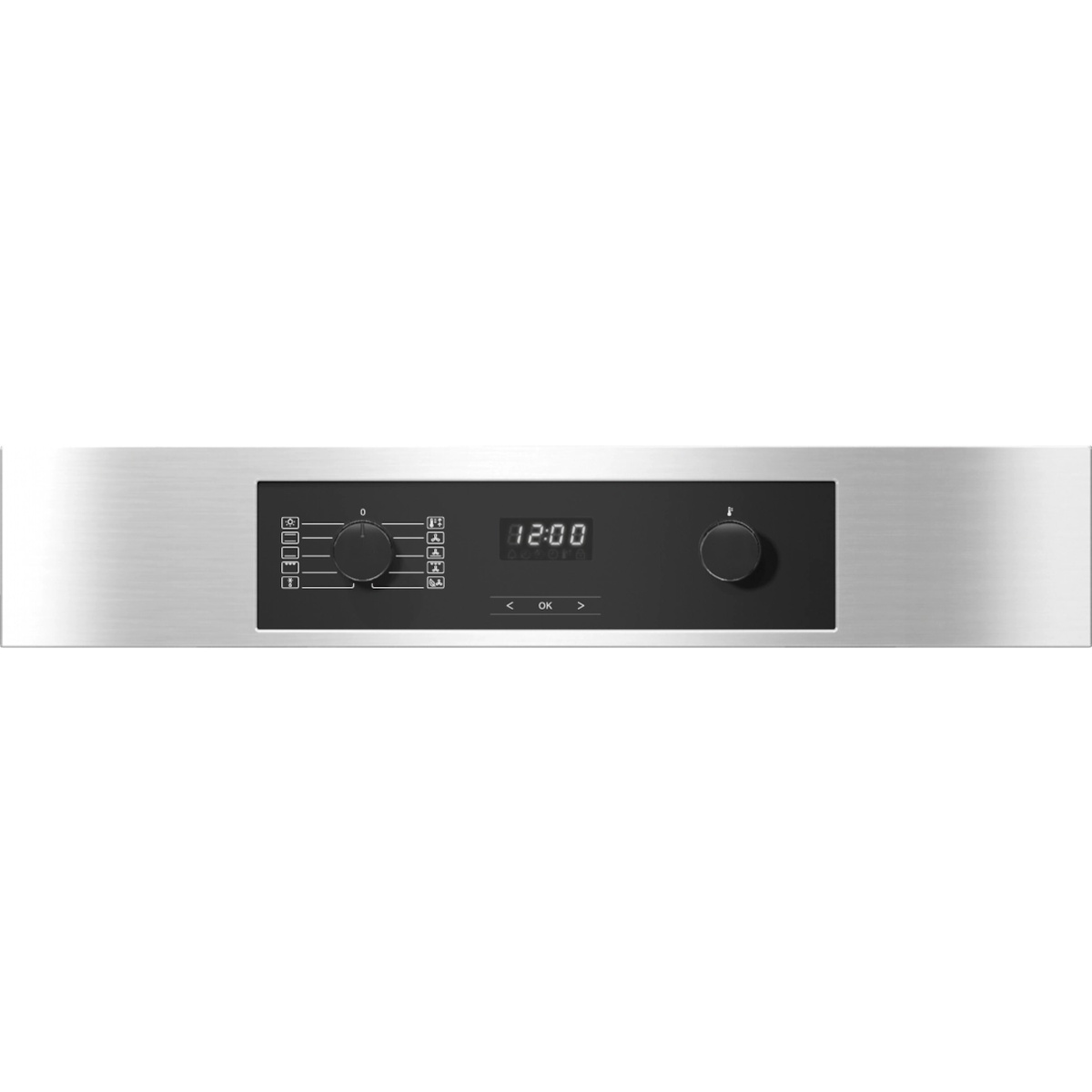 Close-up of the Miele H2265-1B control panel showing dual rotary dials, cooking function icons, and a digital clock display