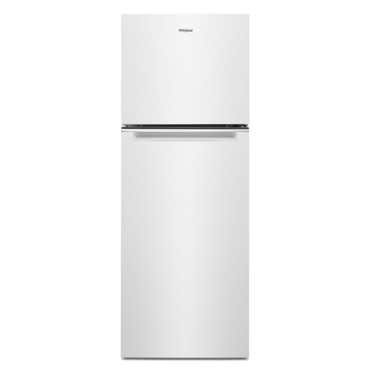 Whirlpool WRT313CZLW white top-freezer refrigerator shown from the front, featuring a clean white finish, Whirlpool logo, and a bar-style handle on the refrigerator door