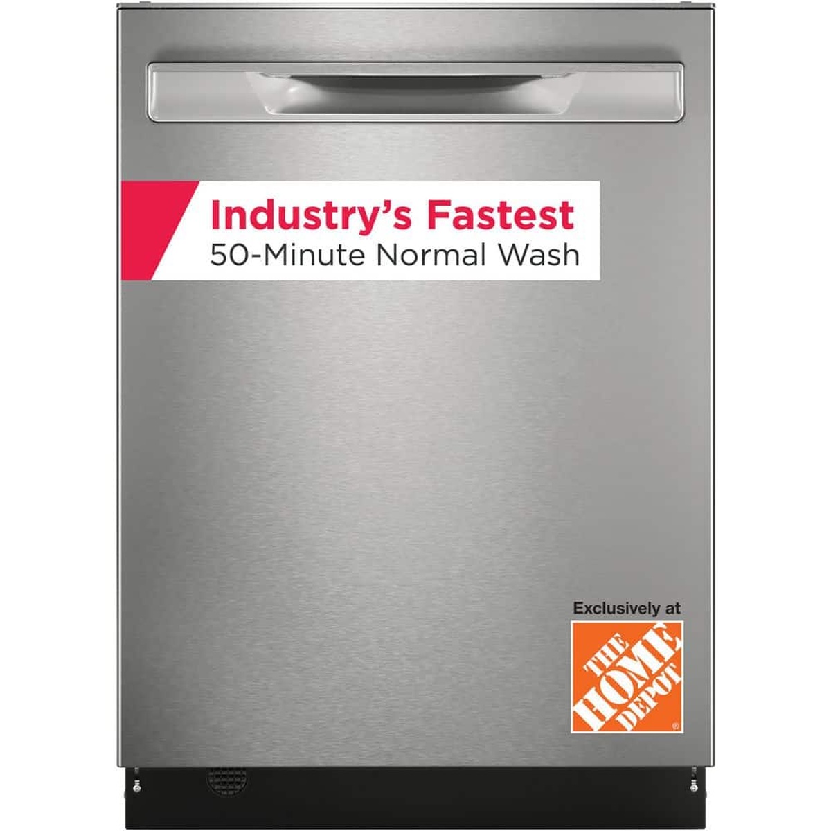 Front view of the Frigidaire Gallery stainless steel built-in dishwasher with a callout for a 50-minute normal wash