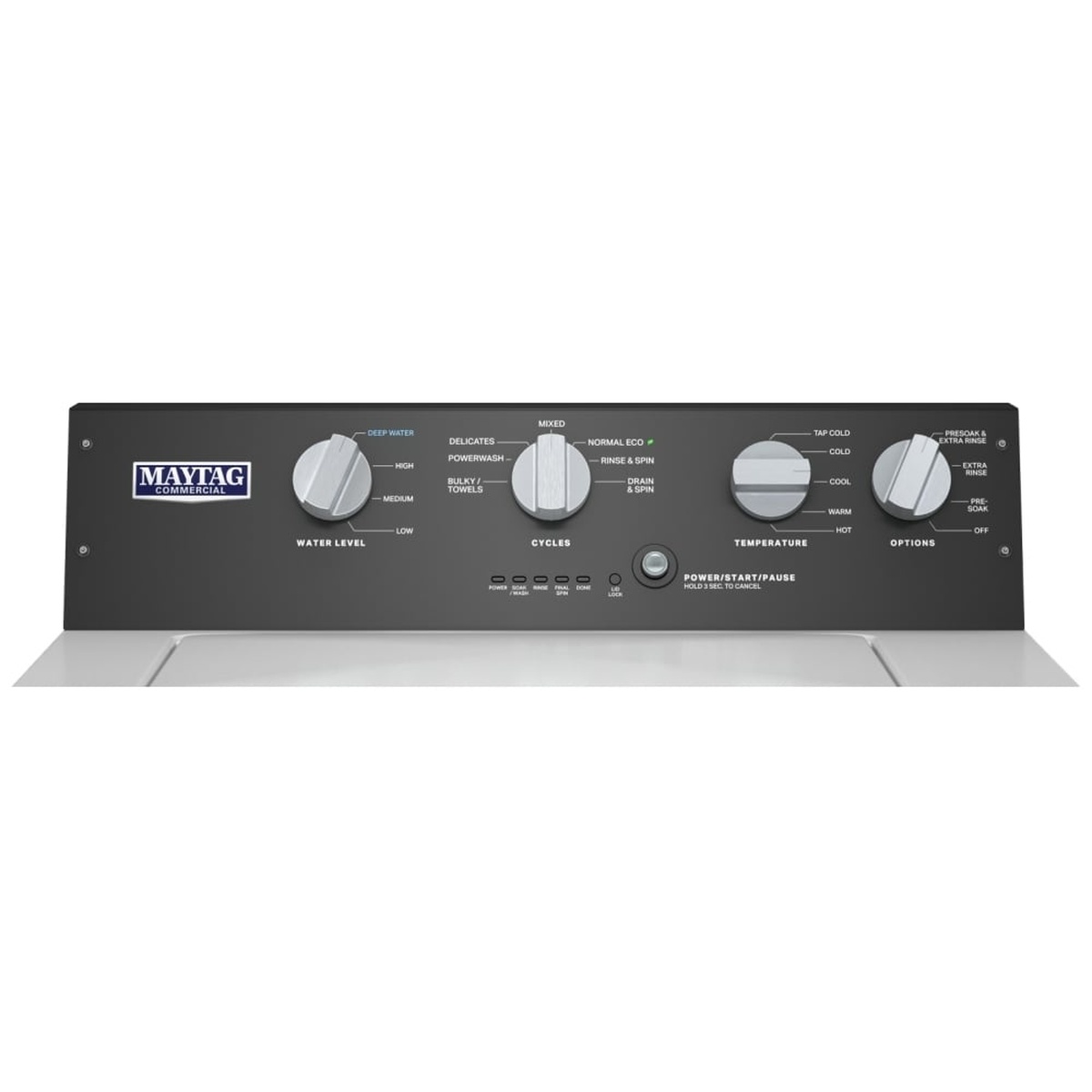 Maytag MVWP586GW rear console with dial controls for water level, cycles, temperature, and options