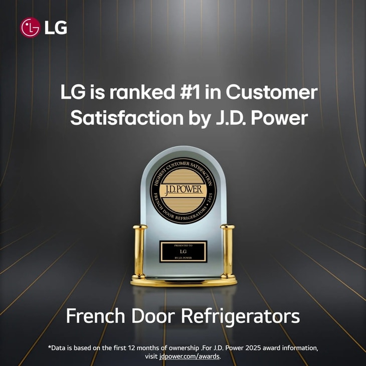 J.D. Power 2025 Highest Customer Satisfaction award trophy presented to LG for French Door Refrigerators.
