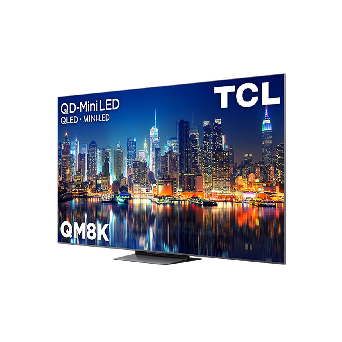 Angled view of the TCL QM8K television highlighting the screen and thin profile