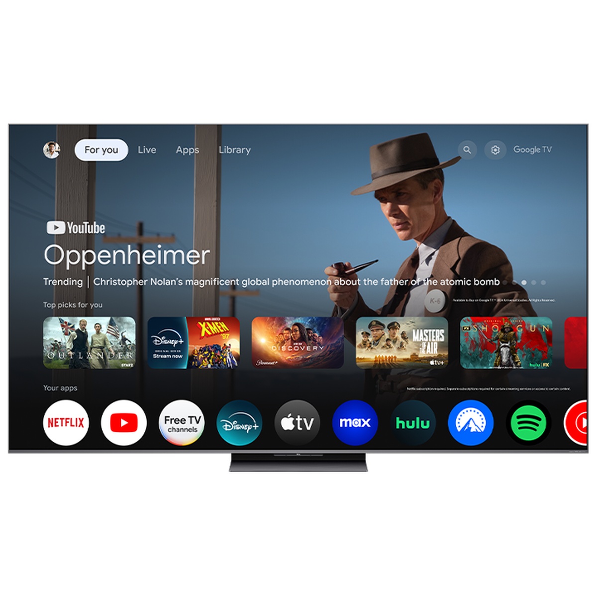 TCL TV screen showing the Google TV home interface with streaming app icons