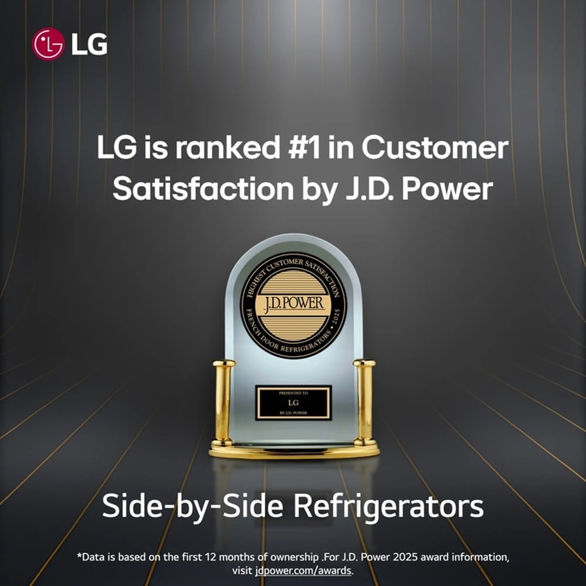 J.D. Power award trophy with text stating LG is ranked number one in Customer Satisfaction for Side-by-Side Refrigerators in 2025