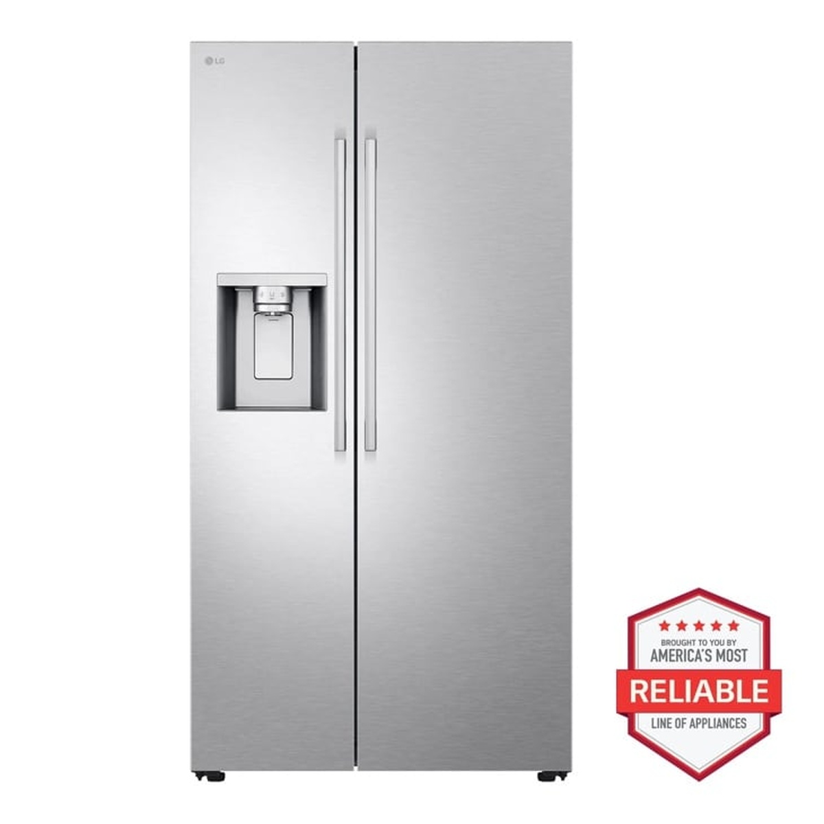 Front view of an LG stainless steel side-by-side refrigerator with an in-door ice and water dispenser and bar handles