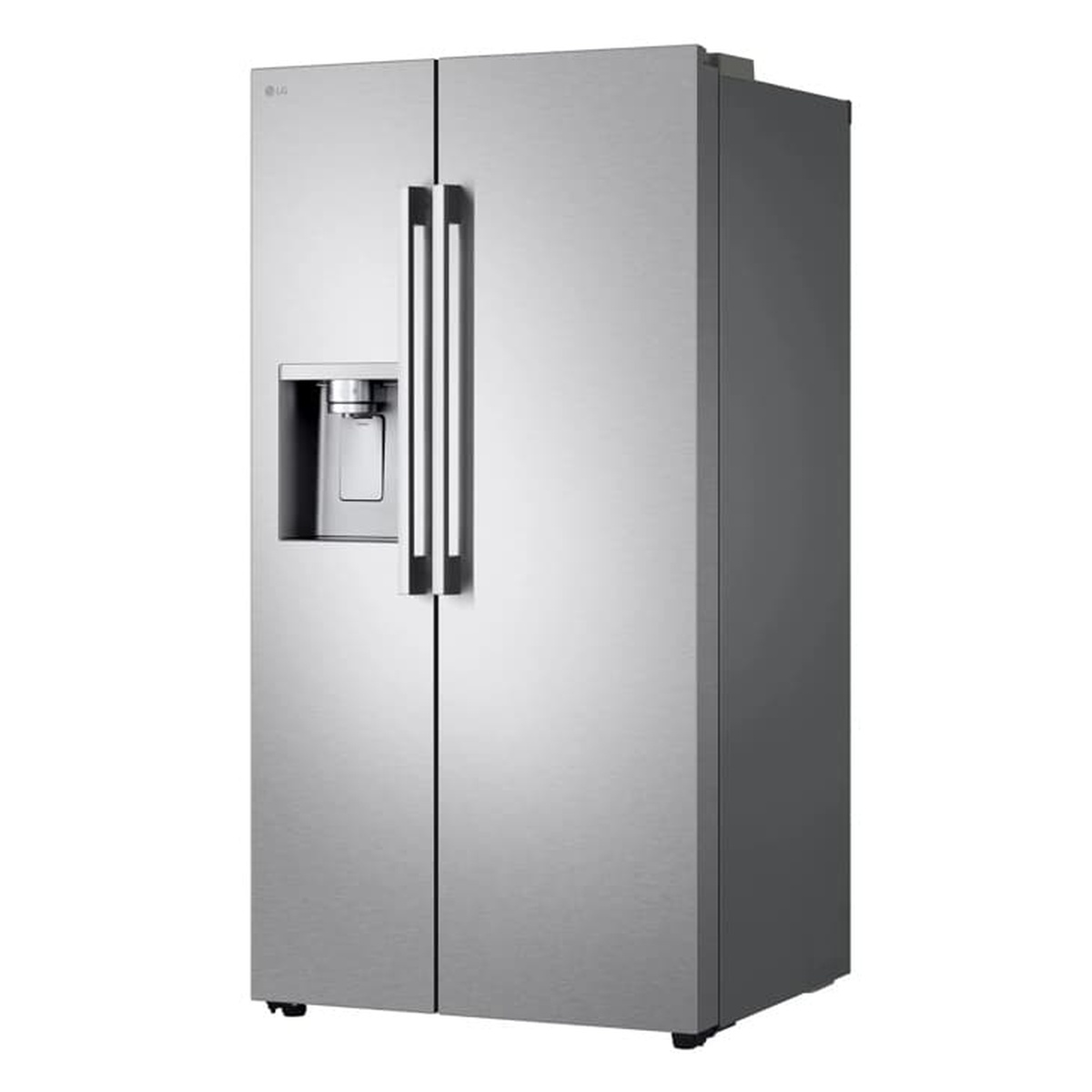LG LL27T3530S side-by-side refrigerator shown from a side angle, displaying its flat panel doors, restyled bar handles, in-door ice and water dispenser, and PrintProof Stainless Steel finish