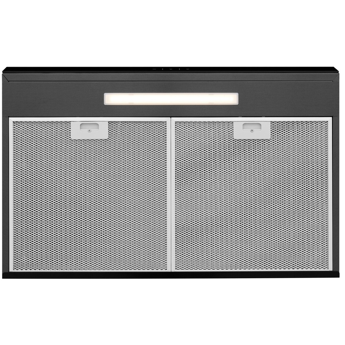 Underside view of the Frigidaire under-cabinet range hood showing the LED light bar and two mesh grease filters