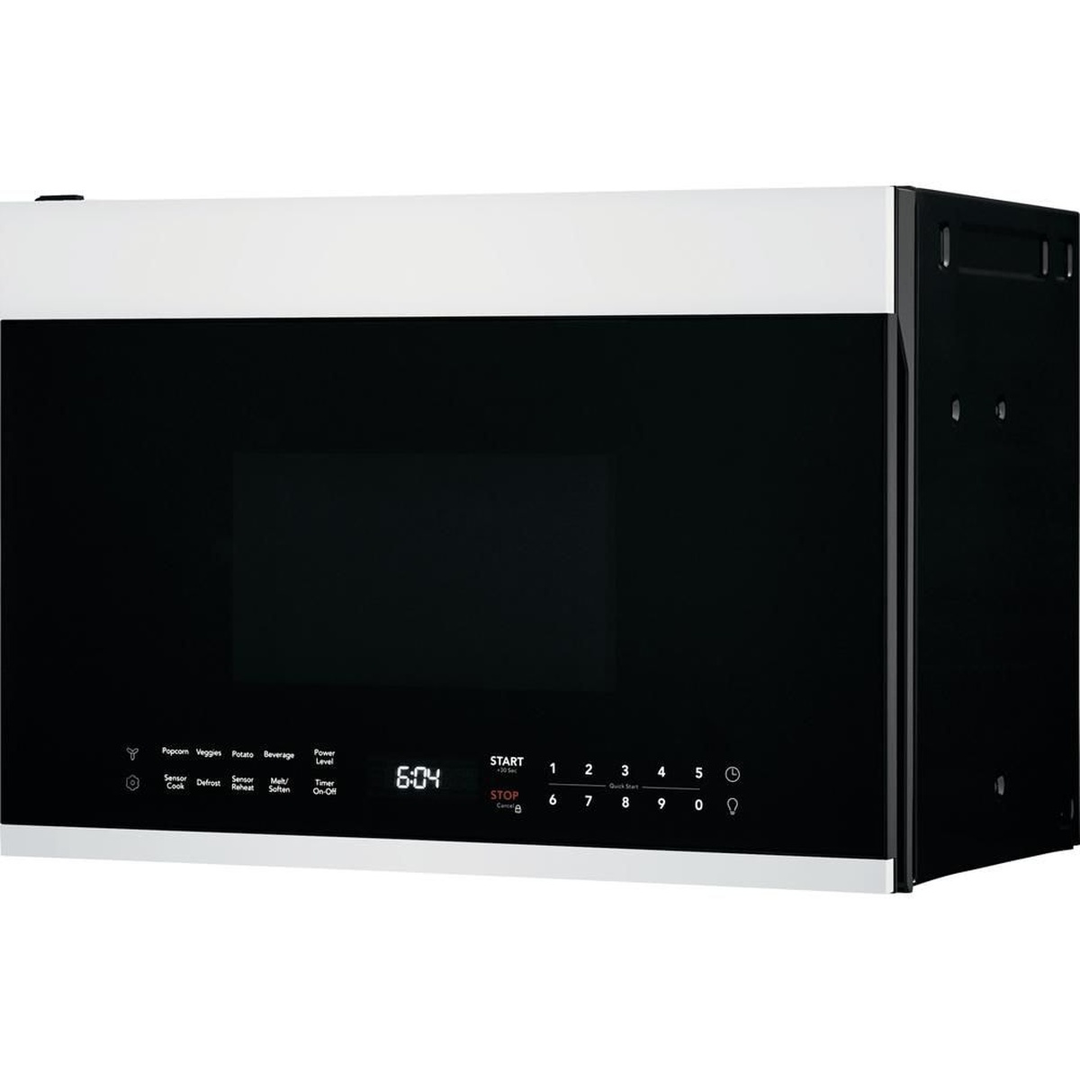 Angled front view of the white over-the-range microwave with glass door and touch controls