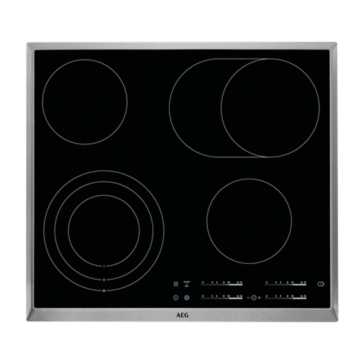 Top-down view of AEG HK654070XB 60cm ceramic cooktop showing four cooking zones including a triple zone with three concentric rings at bottom-left, an extended dual-ring zone at top-right, stainless steel trim frame, AEG branding, and DirekTouch controls along the bottom edge