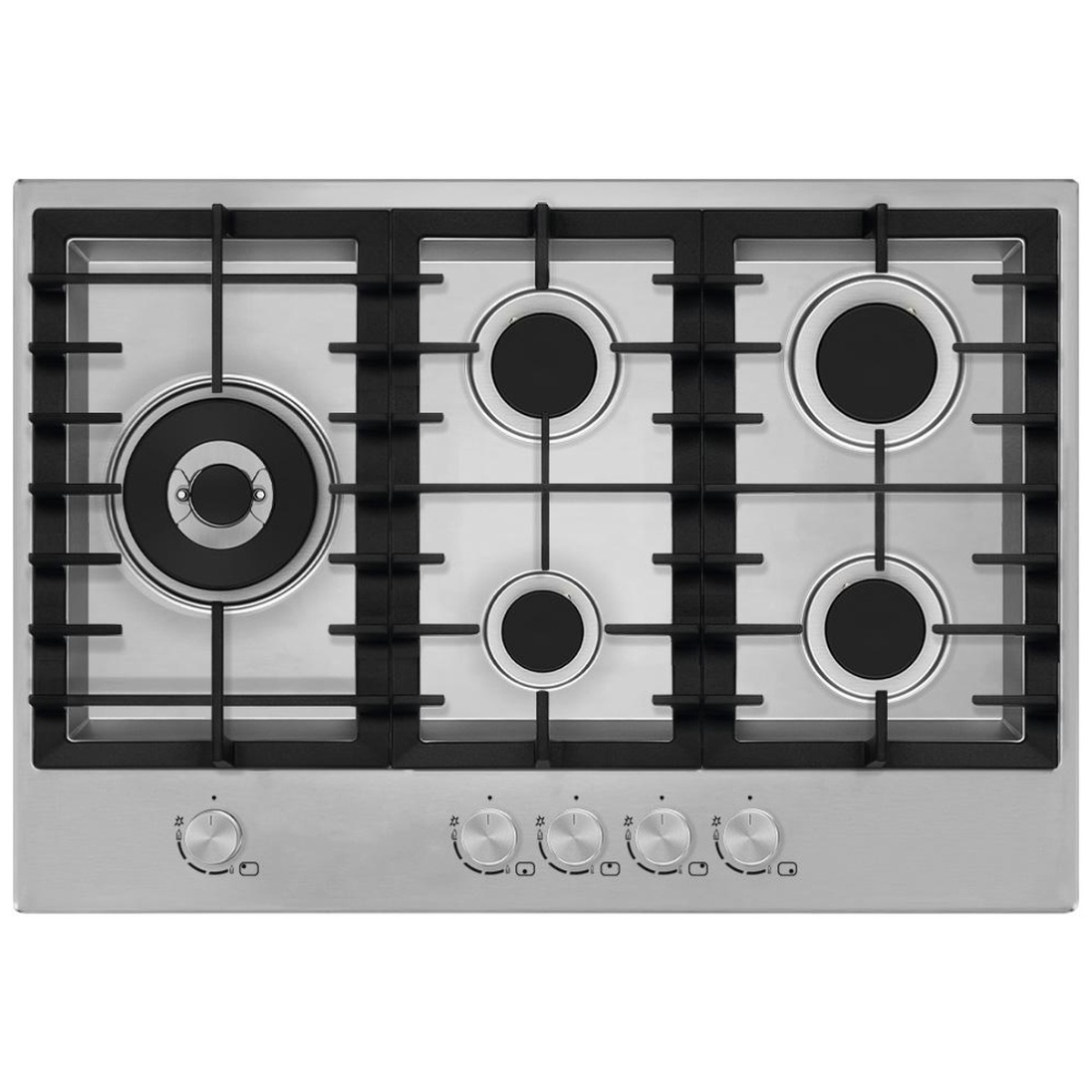 Stainless steel 5-burner gas cooktop with continuous cast iron grates and five front control knobs