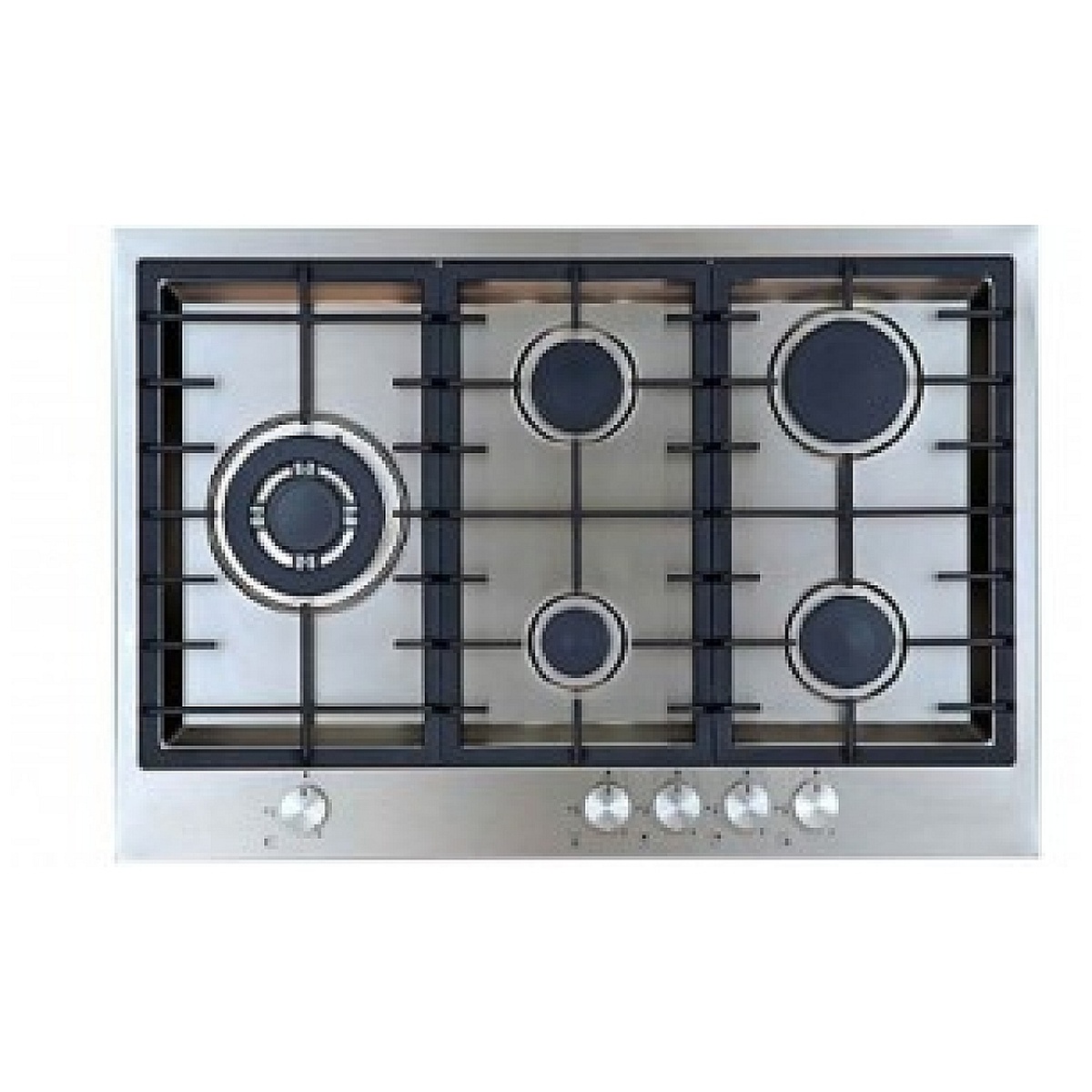 Top-down view of a Porter & Charles stainless 5-burner gas cooktop with continuous black grates