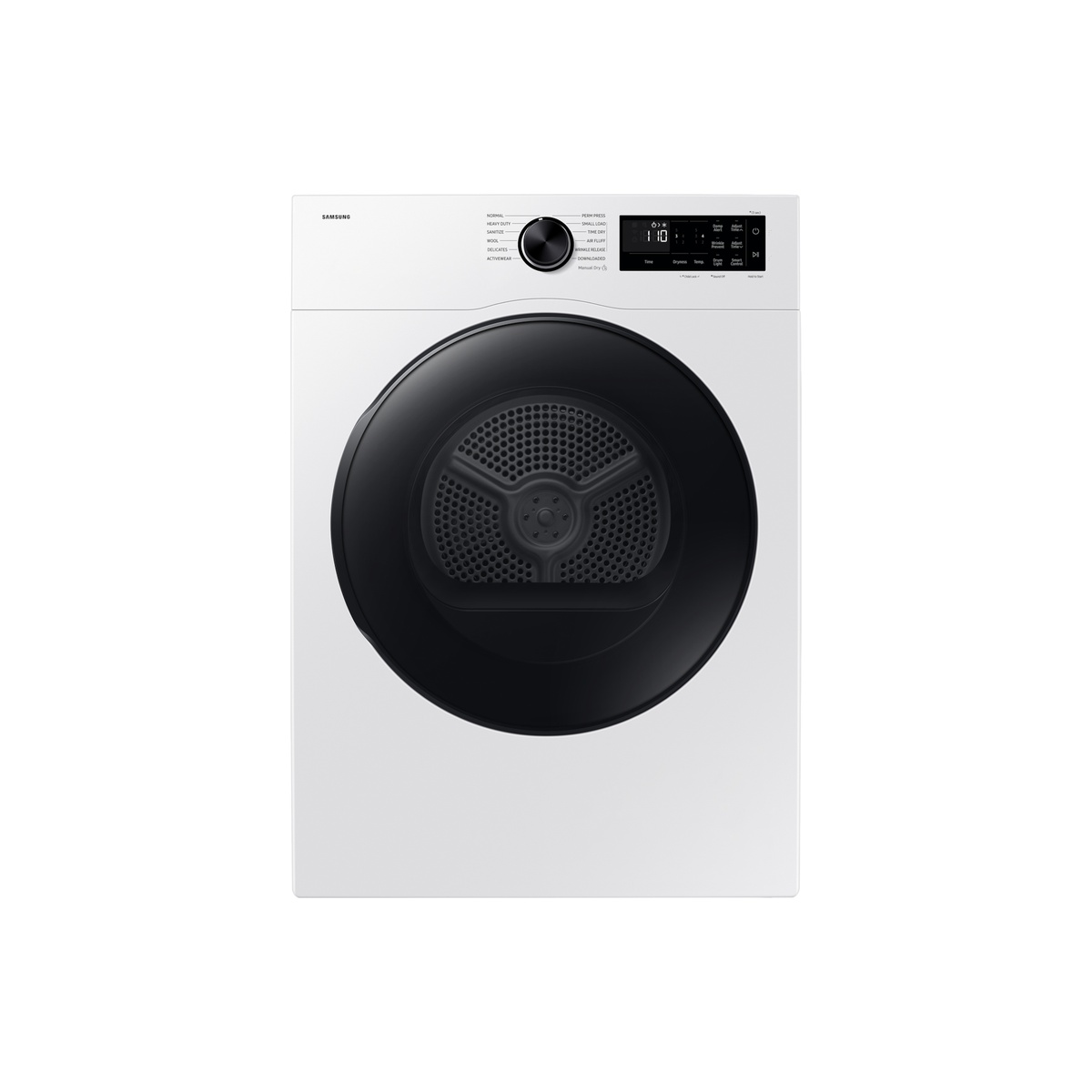 Samsung DV25FG50BVBEAC compact electric dryer front view showing cycle selector dial, LED digital display, and control panel buttons including Smart Control