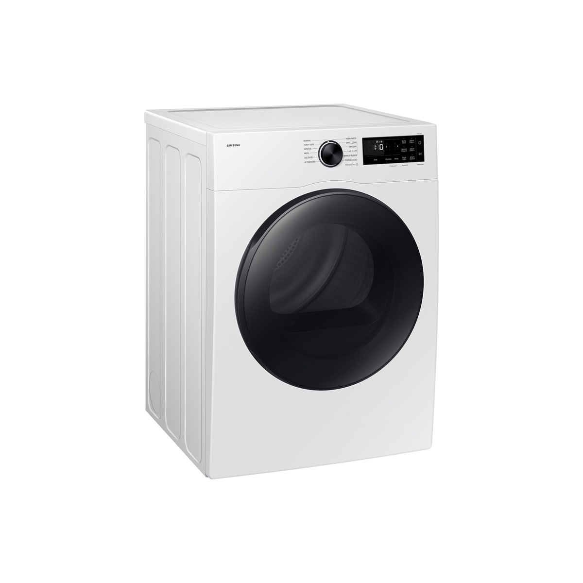 Samsung DV25FG50BVBEAC compact electric dryer angled left-side view showing white exterior body, side venting channels, and top control panel