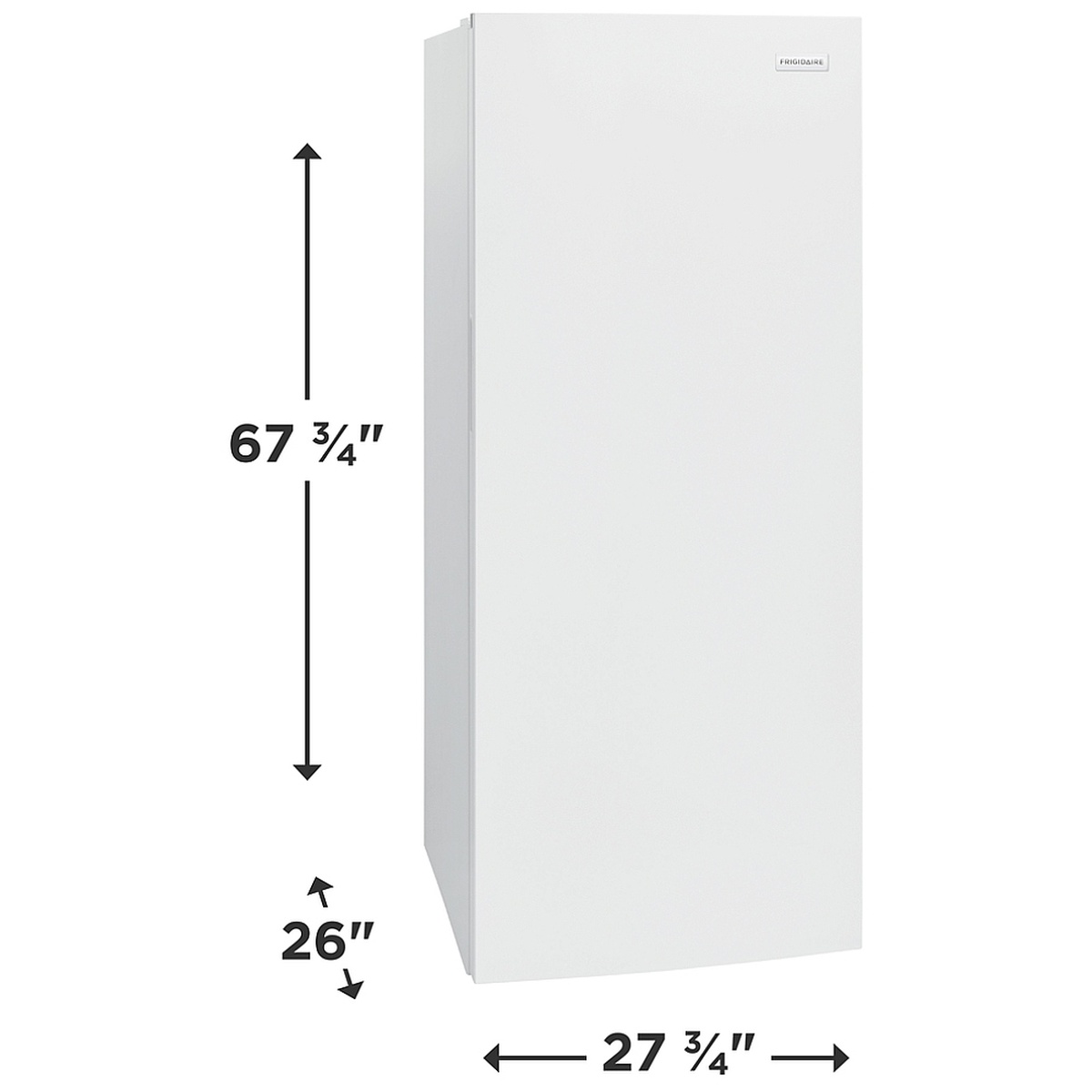 Angled front view of a white Frigidaire upright unit with labeled height, width, and depth measurements