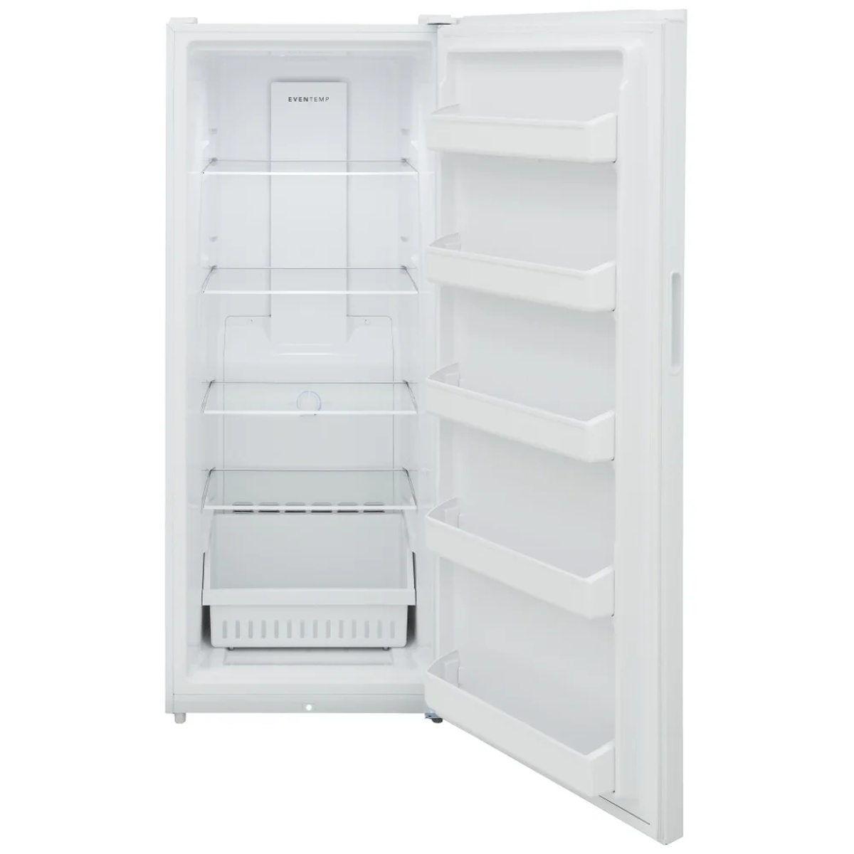 Interior view of the Frigidaire FFUE1626AW with adjustable glass shelves, door bins, and a bottom basket