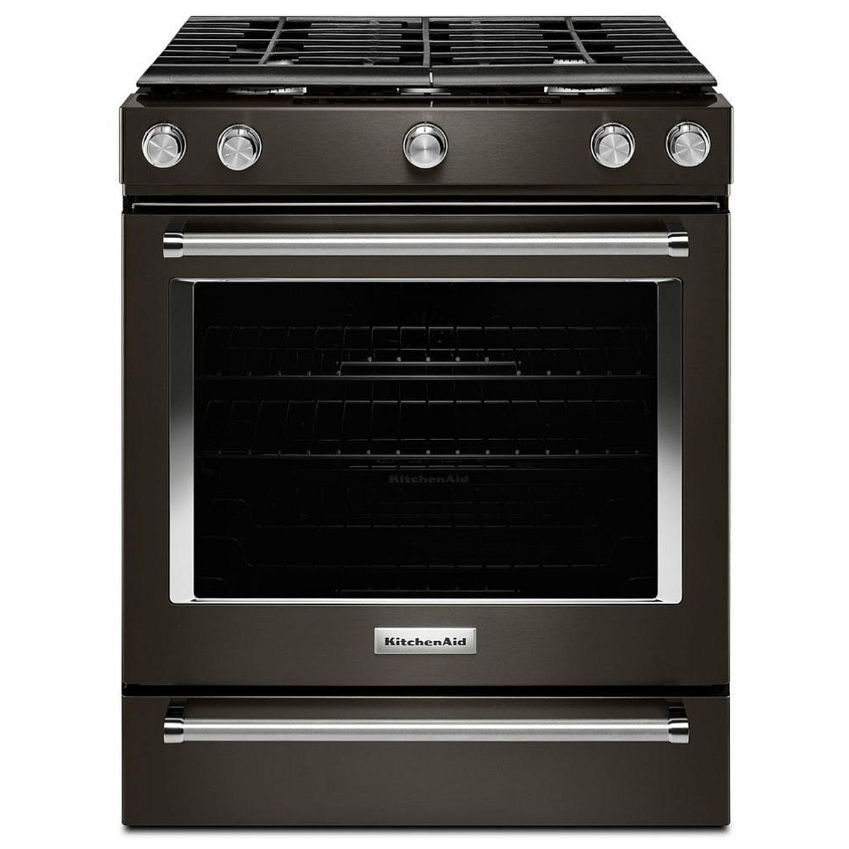 Front view of KitchenAid slide-in gas range in black stainless finish with five control knobs and towel-bar handle