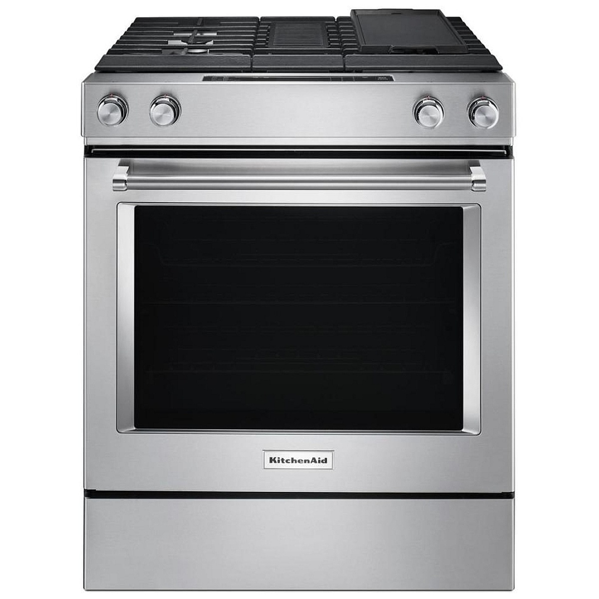 Front view of a stainless steel KitchenAid slide-in range with front control knobs, large oven window, and downdraft vent opening on the cooktop