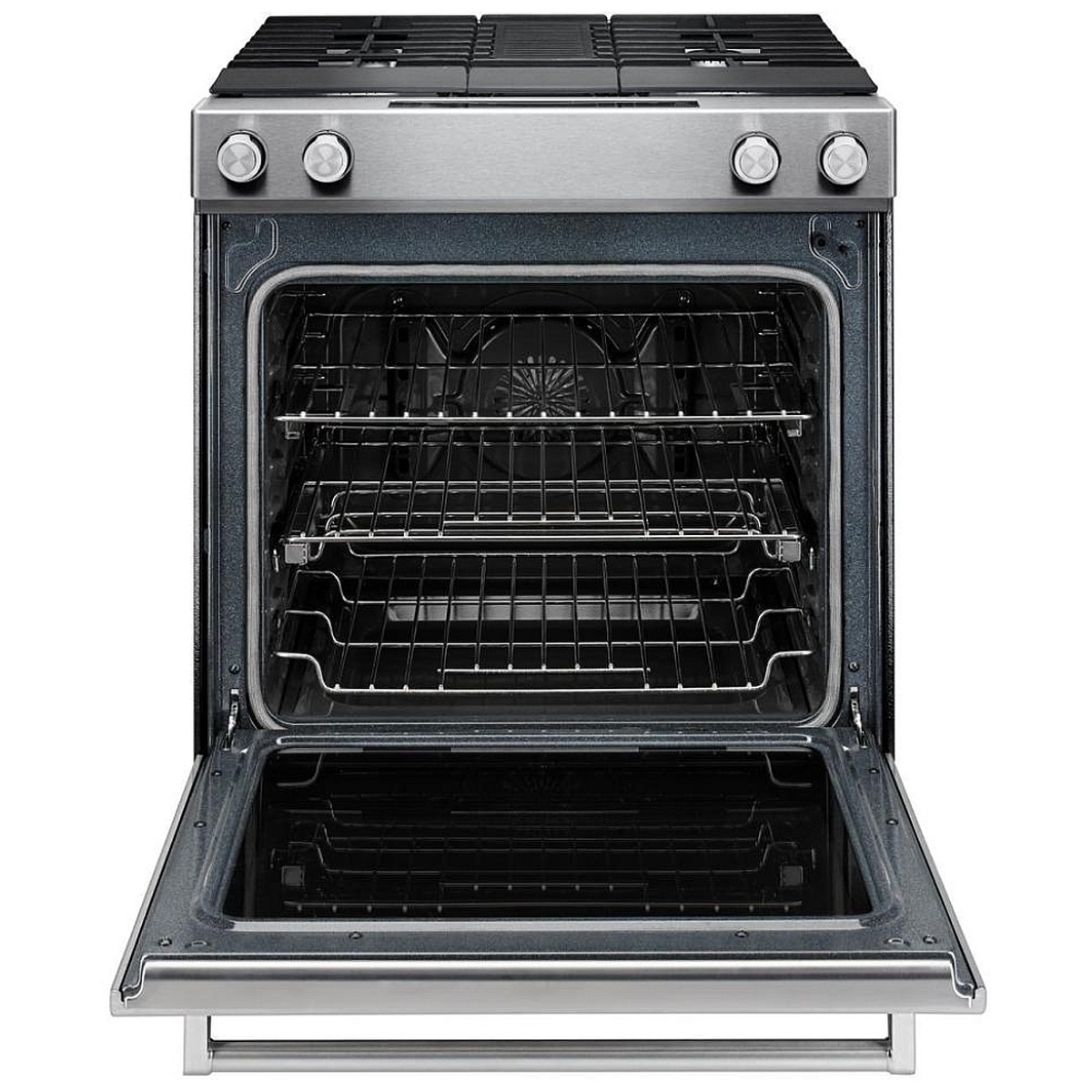 KitchenAid slide-in range with oven door open, showing multi-rack oven interior and convection fan at the back