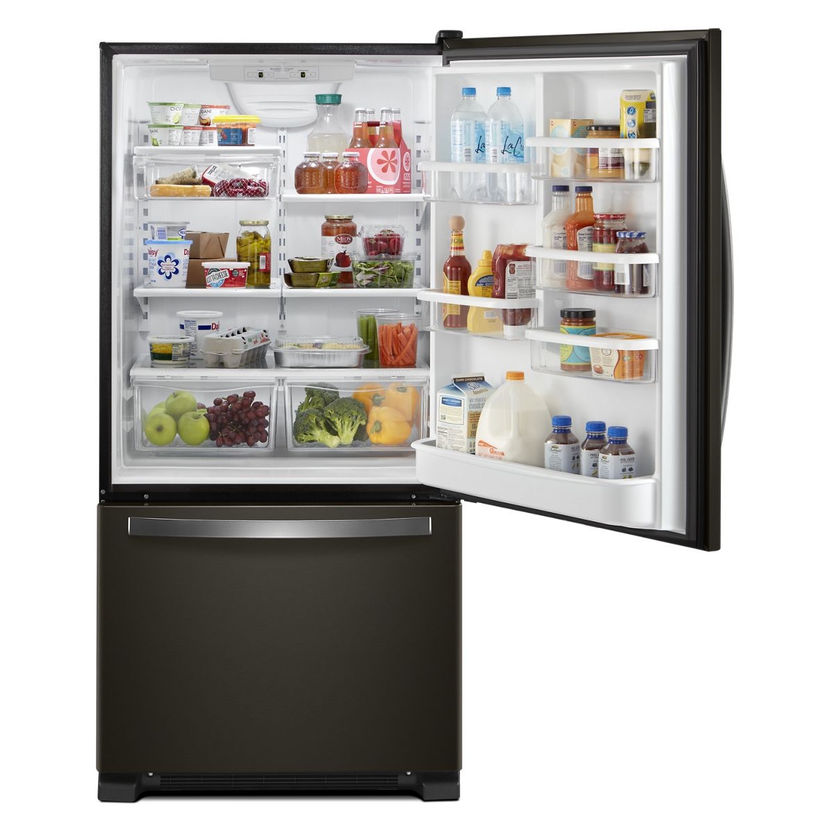 Whirlpool WRB322DMHV bottom-freezer refrigerator open, showing multiple adjustable shelves, two crisper drawers, full door bins with gallon storage, and a fully stocked interior.