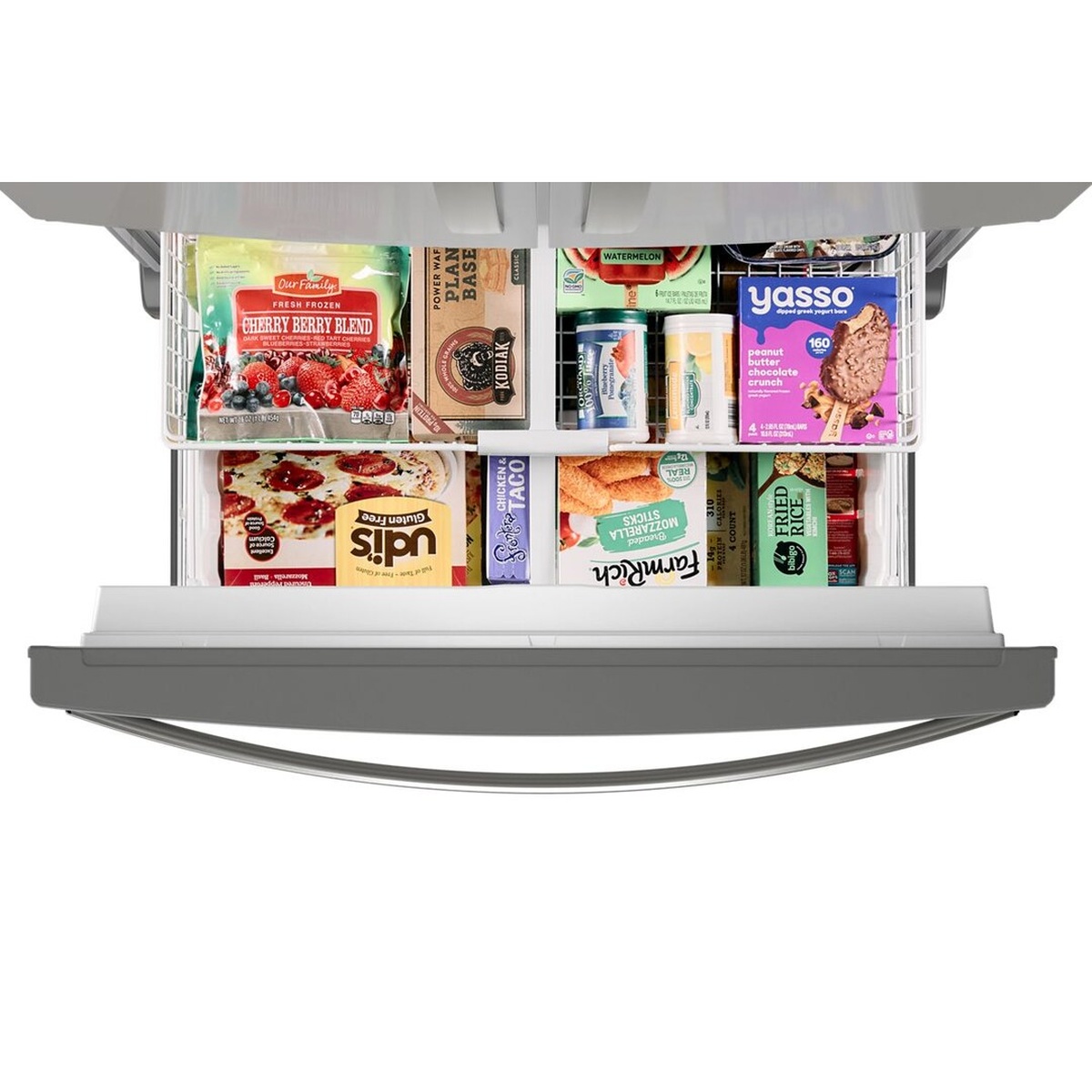 Whirlpool WRFF3436RZ bottom freezer drawer fully open, showing two levels of organized frozen food items including frozen pizzas, snack packs, and frozen treats