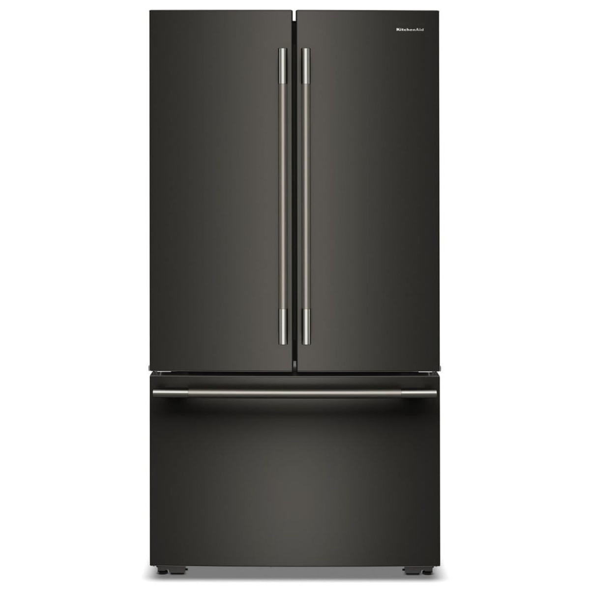 Front view of KitchenAid KRFC236SBE black French door refrigerator with bottom freezer drawer and long vertical handles