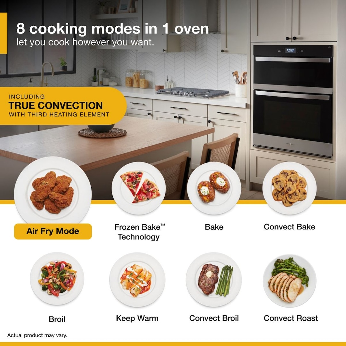 Infographic showing 8 cooking modes of the Whirlpool wall oven including Air Fry Mode, Frozen Bake Technology, Bake, Convect Bake, Broil, Keep Warm, Convect Broil, and Convect Roast, with True Convection callout