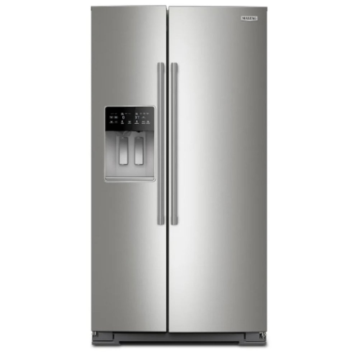 Front view of Maytag fingerprint resistant stainless steel side-by-side refrigerator with external ice and water dispenser