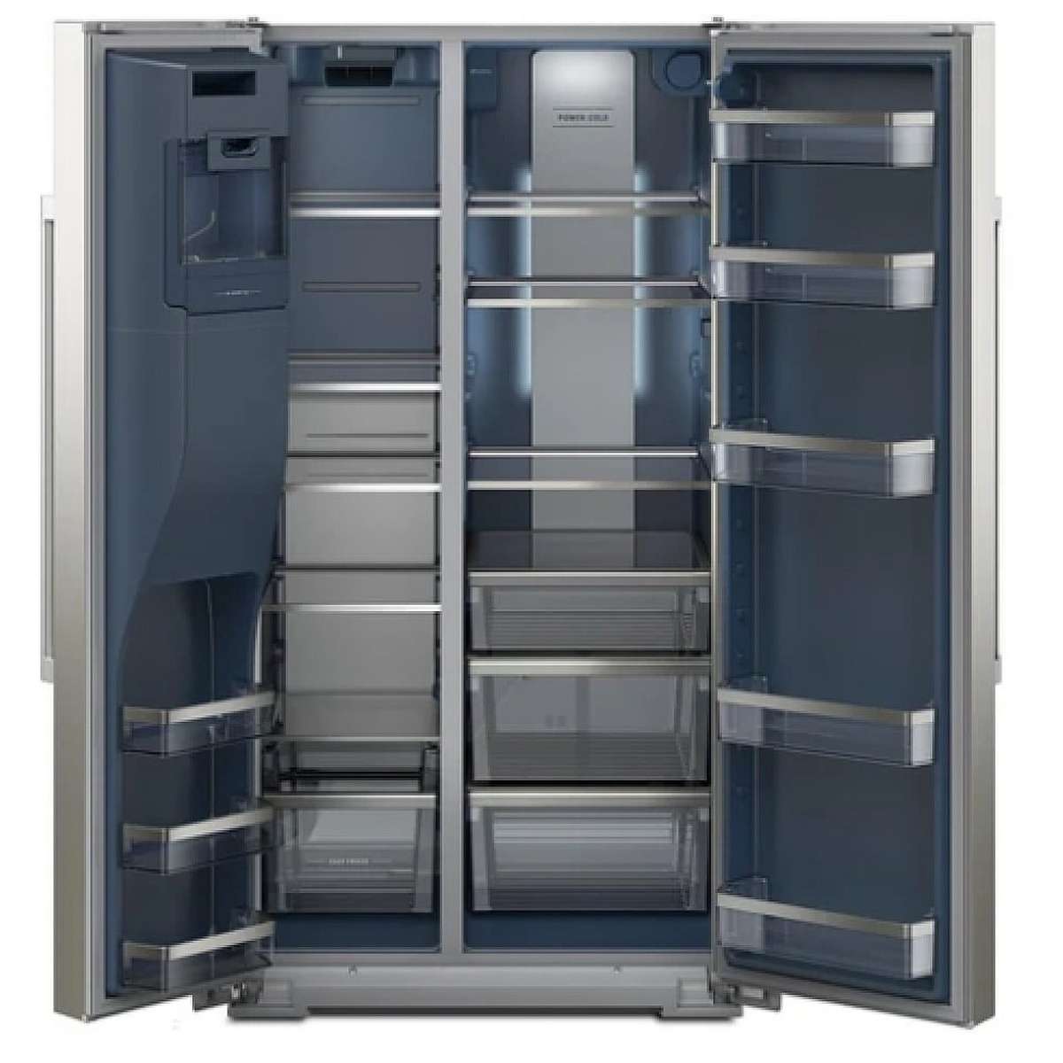 Open Maytag side-by-side refrigerator showing Arctic blue interior, glass shelves, door bins, and in-door ice storage