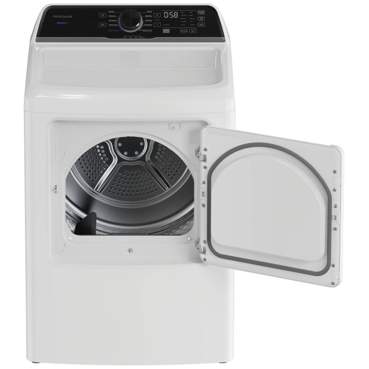 Frigidaire white dryer with the front door open showing the drum opening and door seal
