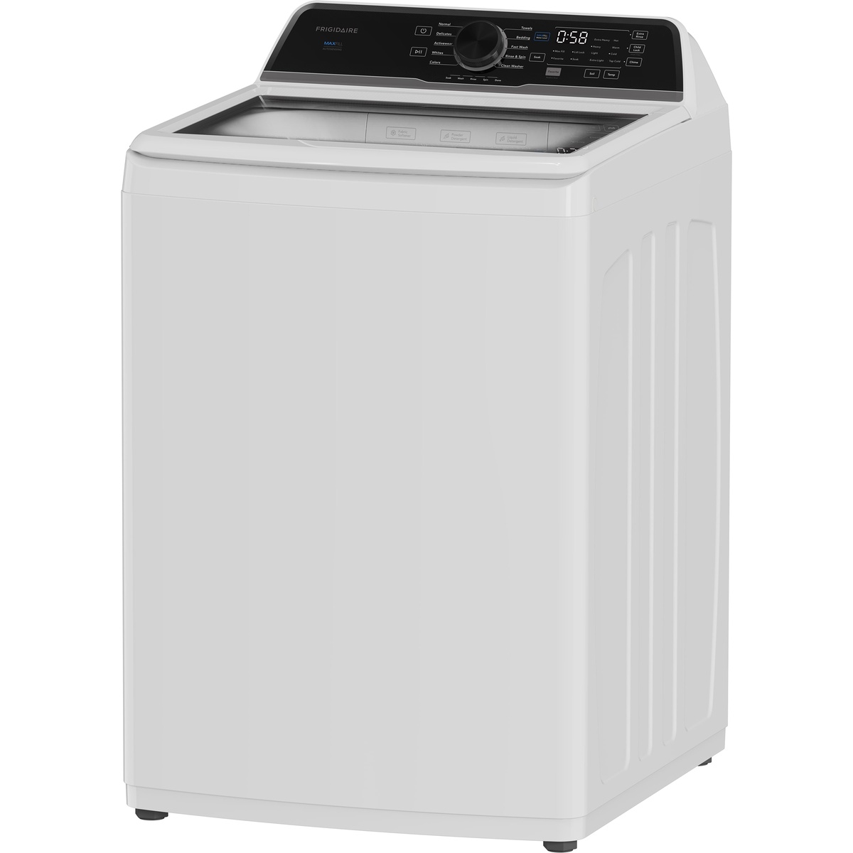 Angled three-quarter view of the Frigidaire top-load washer in white, showing the full cabinet profile, closed lid with detergent drawer, and MaxFill-branded control panel