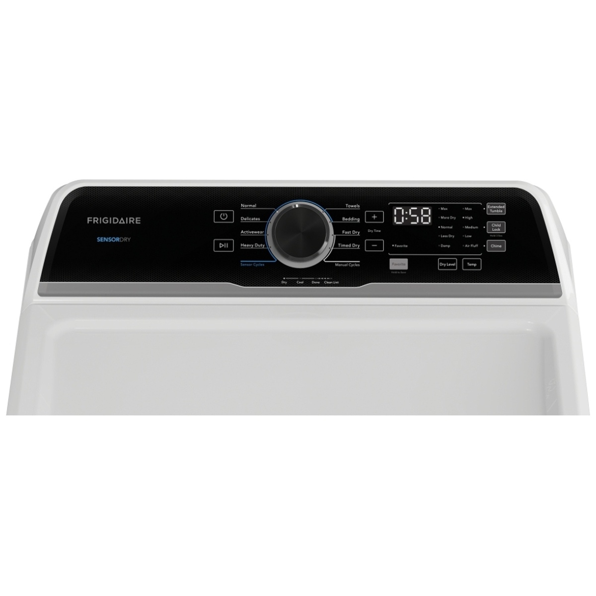 Close-up of the Frigidaire dryer control panel with cycle dial, digital time display, and option buttons