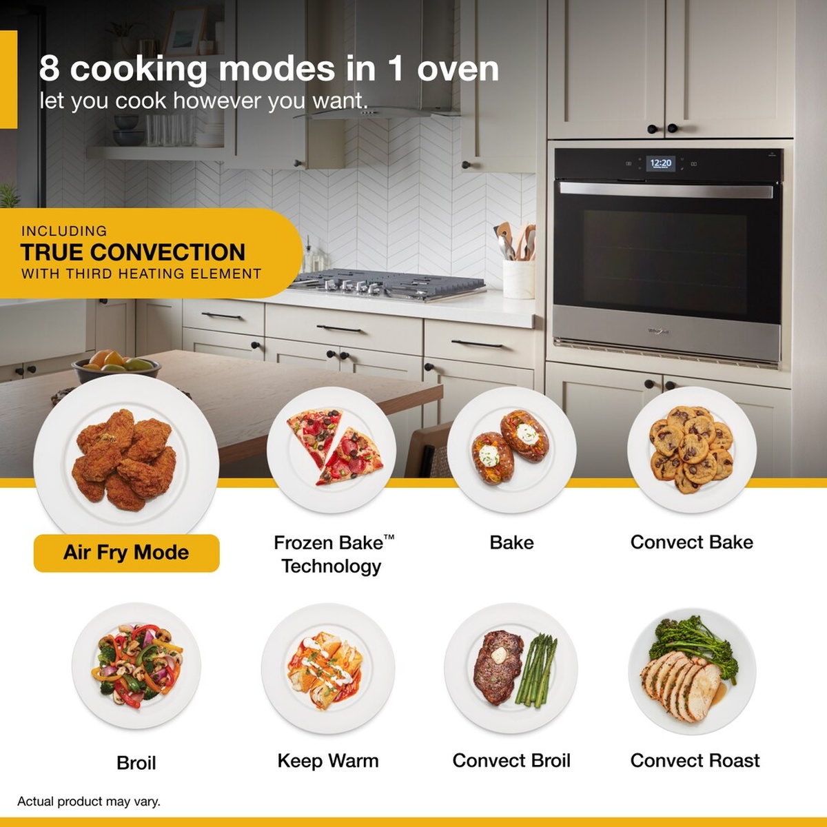 Infographic showing 8 cooking modes including Air Fry, Frozen Bake Technology, Bake, Convect Bake, Broil, Keep Warm, Convect Broil, and Convect Roast, with True Convection with third heating element callout
