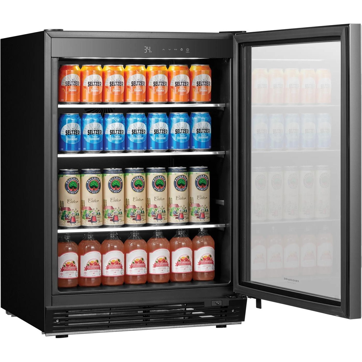 Frigidaire Gallery GRYB5426AS beverage center open door loaded with assorted cans and juice bottles across four full-width shelves