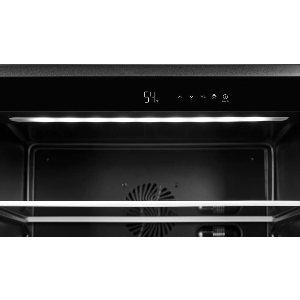 Close-up of the Frigidaire Gallery beverage center digital temperature display and touch controls with LED interior strip lighting