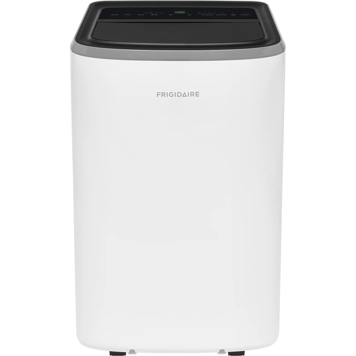 Frigidaire FHPC102AC1 portable air conditioner front view showing top-mounted control panel with labeled buttons for Swing, Timer, Sleep, Mode, Fan Speed, and Dust Filter
