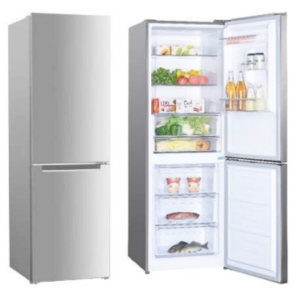 Stainless steel bottom-freezer refrigerator shown closed and open, with glass shelves, door bins, a produce drawer, and three freezer drawers