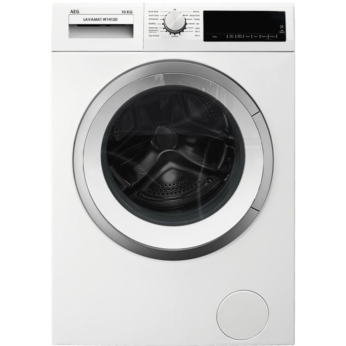 AEG Lavamat W14120 front-load washing machine in white with chrome accents, showing dial knob controls, LED display panel, and large porthole door