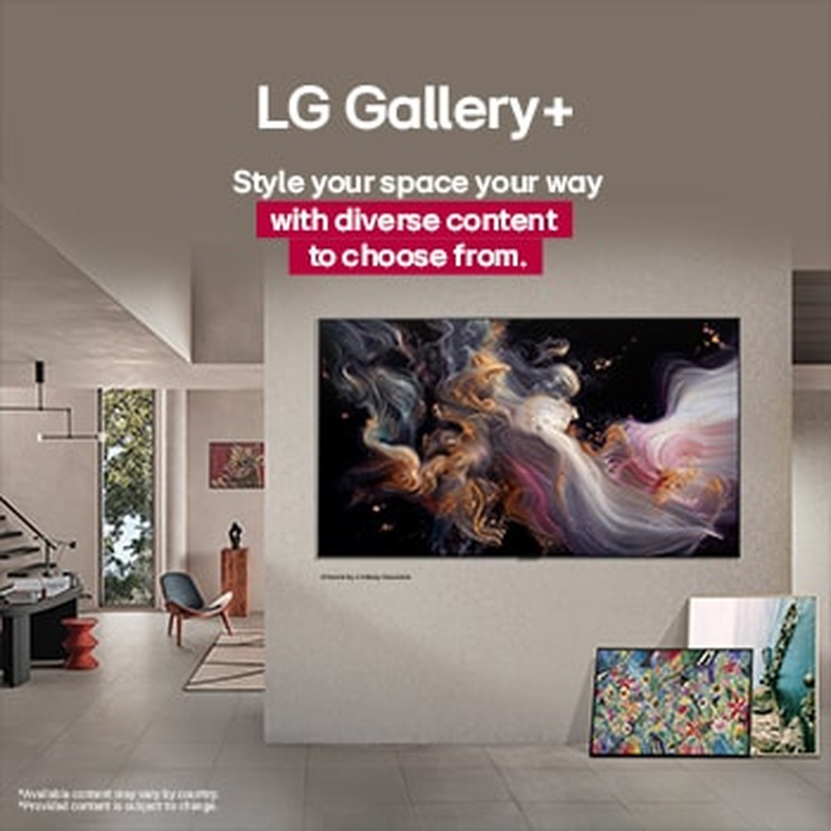 LG OLED TV mounted on a wall in a living room with on-screen text about LG Gallery+