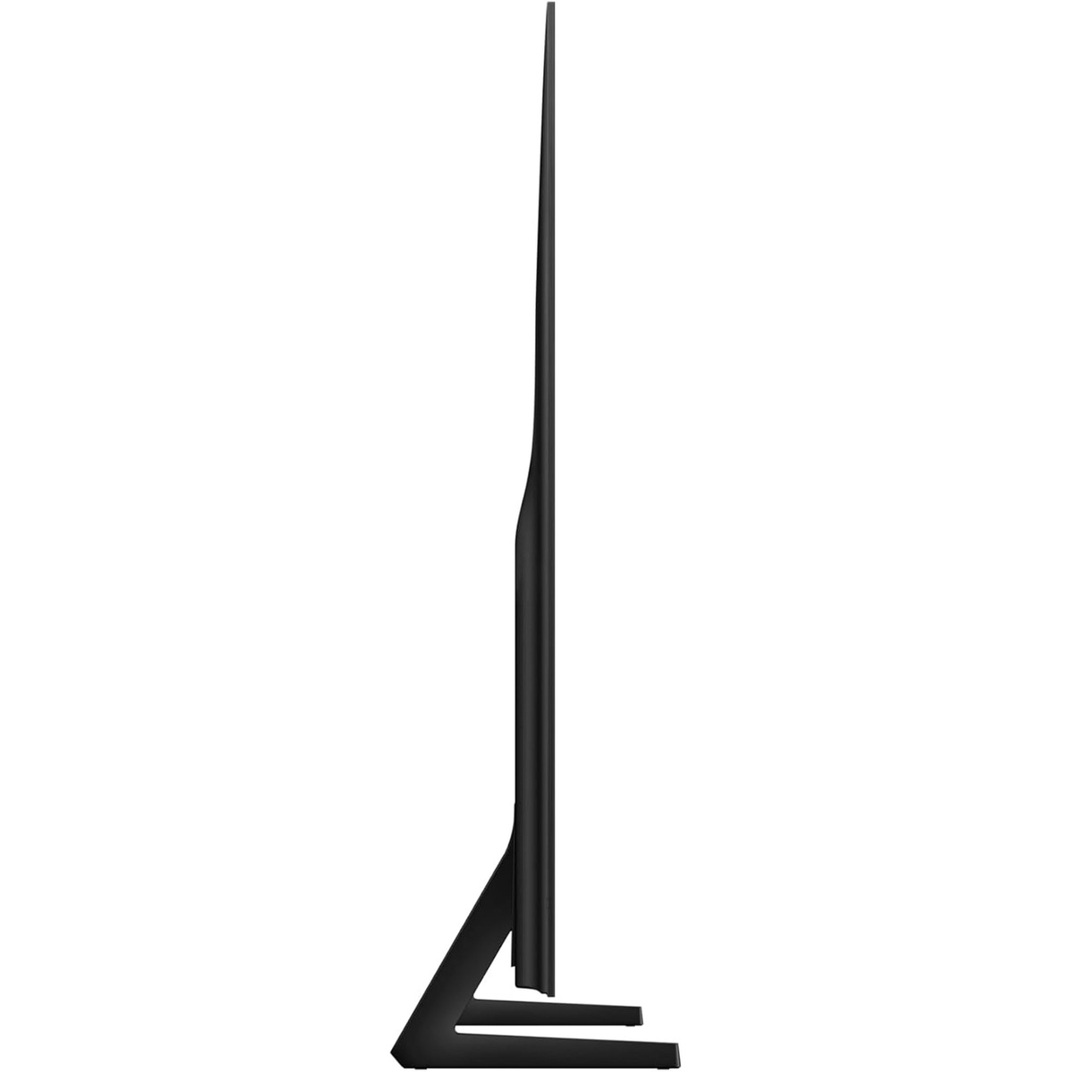 Side profile of the Samsung S84F OLED TV showing its ultra-slim panel depth and angular Contour Design stand