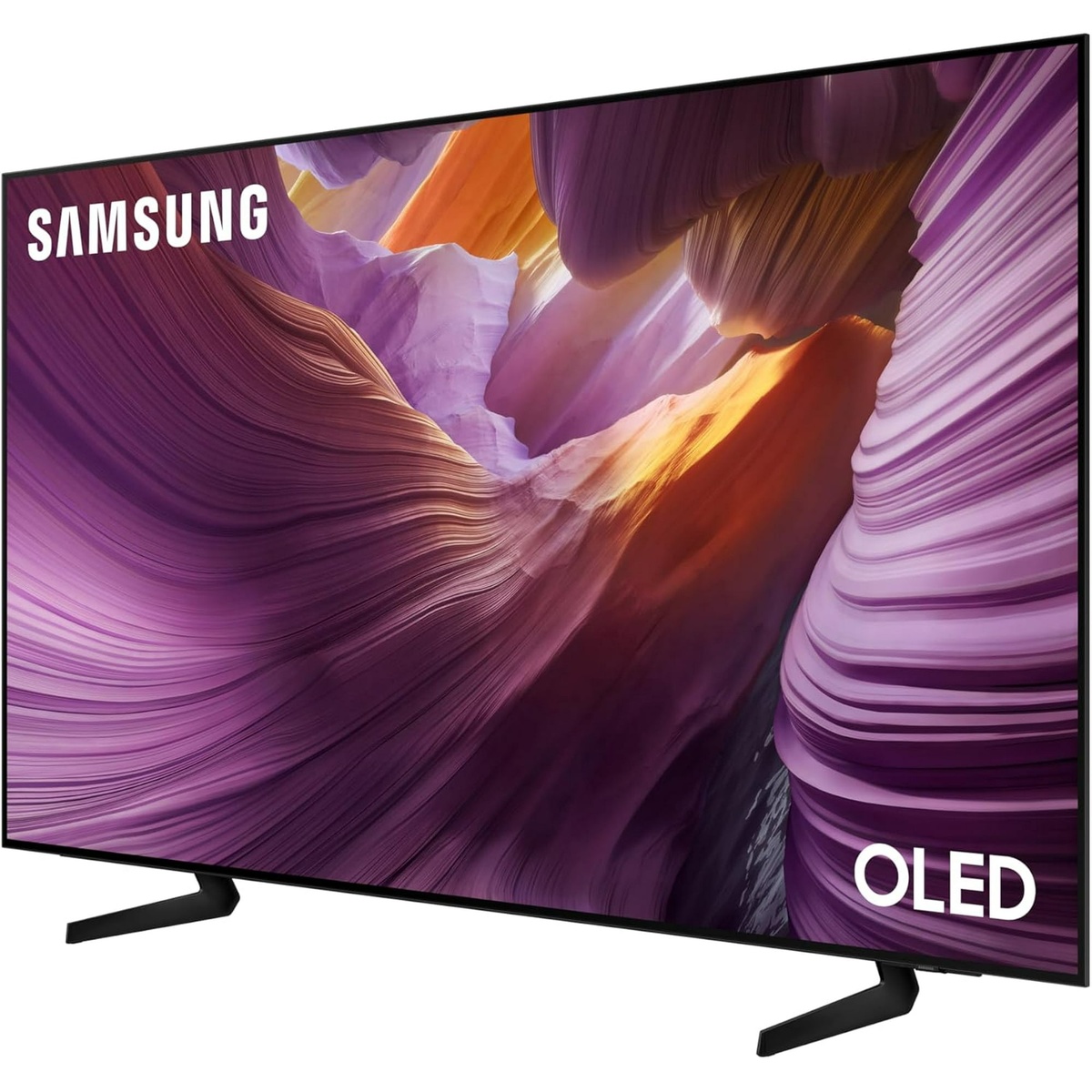 Samsung QN77S84FAEXZC 77-inch OLED S84F viewed from an angle, displaying rich purples and warm earth tones on a vivid 4K screen