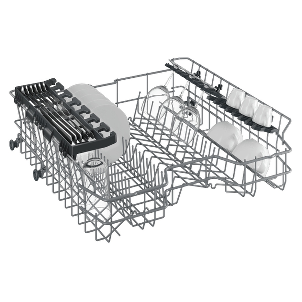 Beko DDN25402X upper dish rack loaded with cutlery, glasses, and cups showing flexible rack organization and storage capacity