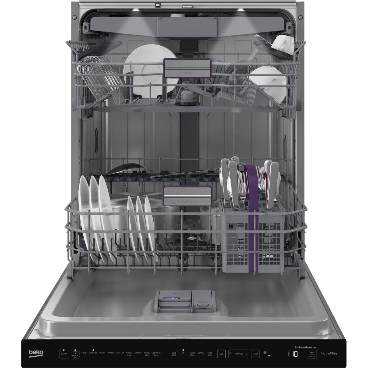 Beko DDT39434XIHC2 interior fully loaded with dishes, showing third rack, movable tines, cutlery holder, and stainless steel tub