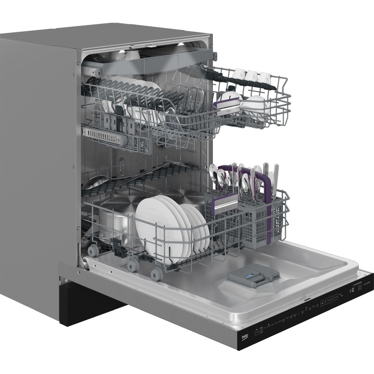 Angled view of Beko built-in dishwasher with door open showing multiple racks loaded with dishes, cutlery, and cookware