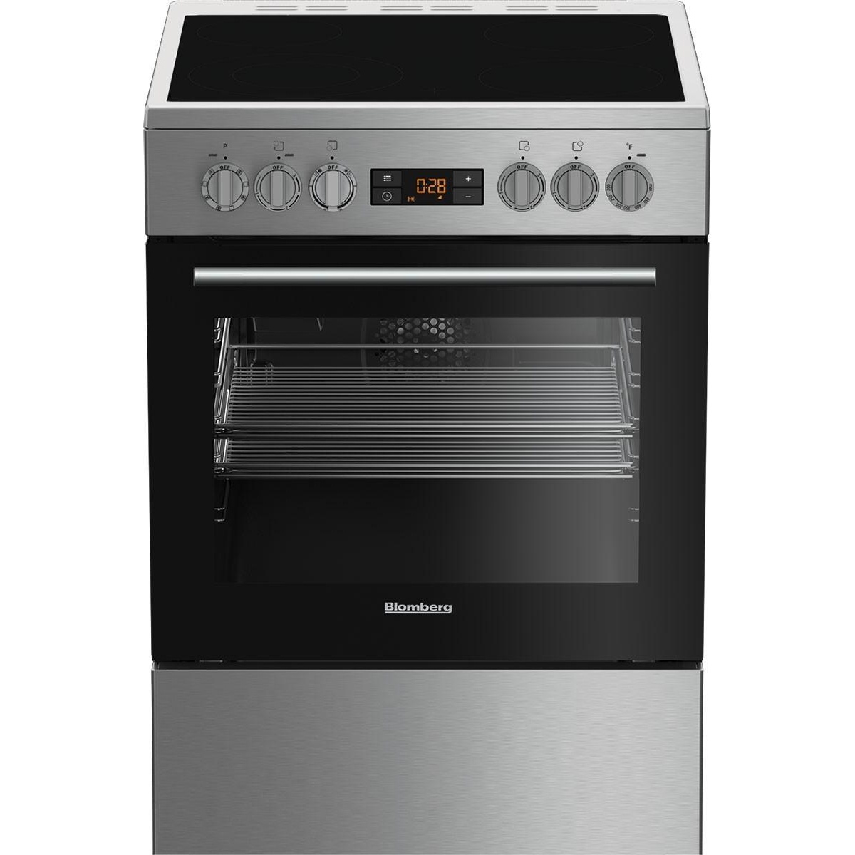 Front view of the Blomberg BERC24102SS 24-inch stainless steel electric range showing vitroceramic cooktop, six front control knobs, digital electronic timer display, large oven window, and bottom storage drawer.