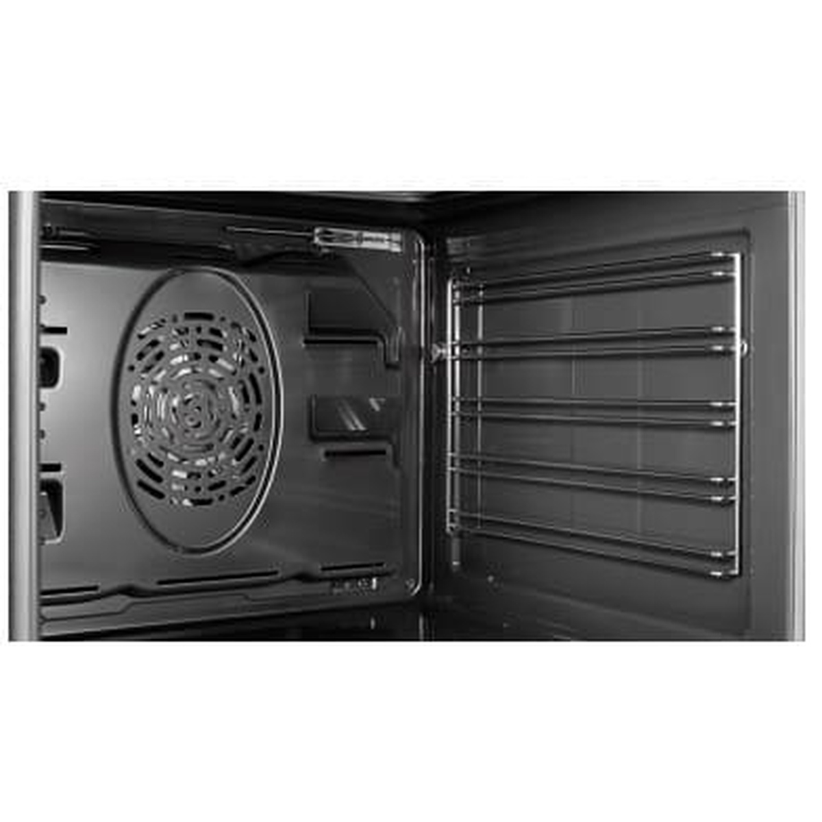 Interior view of the Blomberg BERC24102SS oven cavity showing the rear convection fan and removable side rack guides mounted along the oven walls.